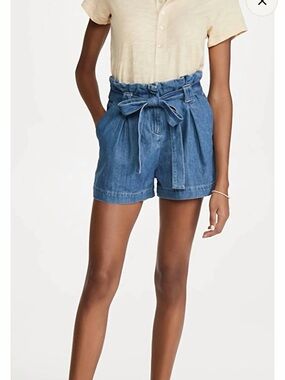 L'AGENCE Hillary High-Rise Paperbag Denim Shorts with Tie Belt - Blue
